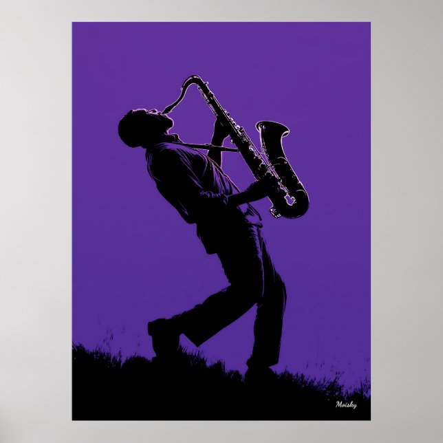 Poster Saxofonista Jazz - Silhueta Preta em Purp (Frente)