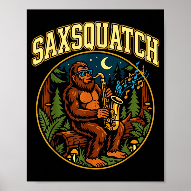 Poster Saxsquatch Pé Grande Tocador de Saxofone Música Ja (Frente)