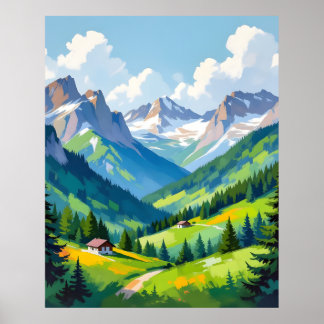 Poster Scenic Alpine Landscape – Lush Valley and Snow
