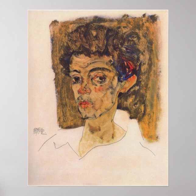 Poster Schiele - autorretrato contra fundo marrom ... (Frente)