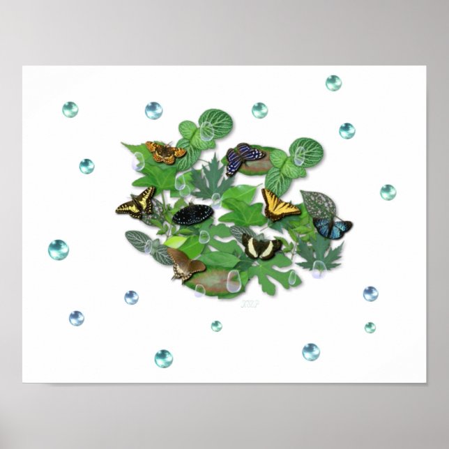 Poster Schmetterlinge mit Blätter, Regentropfen, Perlen (Frente)