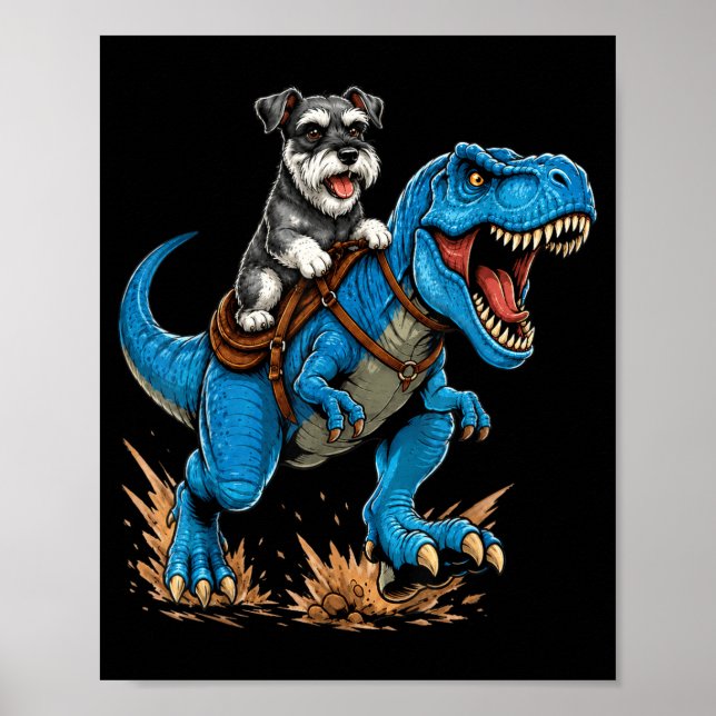 Poster Schnauzer Miniatura Montando Dinossauro T Rex Engr (Frente)