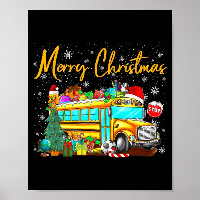 Poster School Bus Driver Santa Hat Merry Christmas Tree M (Frente)