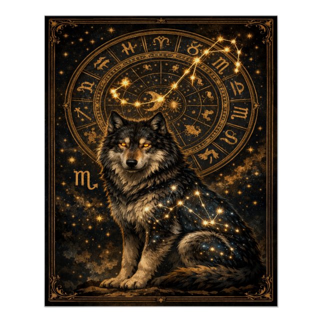 Póster Scorpio Wolf Zodiac Wheel Constellation Celestial  (Frente)