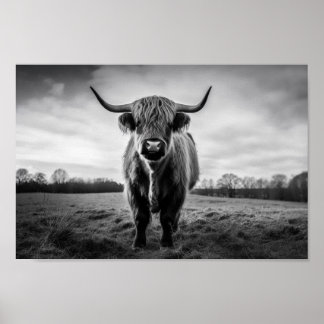 Poster Scottish Highland Cow black and white