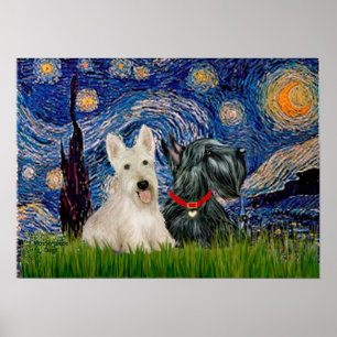 Póster Scottish Terriers (dois-BW) - Starry Night