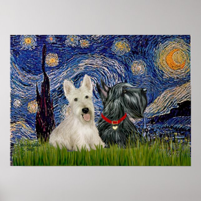 Póster Scottish Terriers (dois-BW) - Starry Night (Frente)