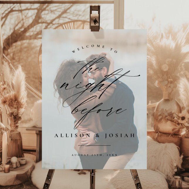 Poster Script Boas-vindas Noite Antes do Jantar de Ensaio (Simple photo rehearsal dinner wedding welcome poster. Available as a printed poster or a download.)