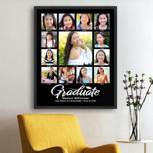 Poster Script Branco da Colagem de Fotos K-12 para Gradua