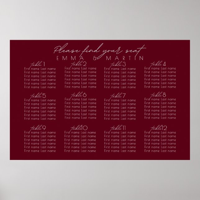 Poster Script Burgundy - Gráfico de Assentos de Casamento (Frente)