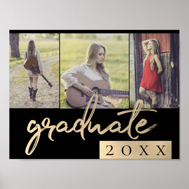 Poster Script Dourado do formando | Elegante 3 Photo Keep (Frente)