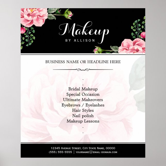 Póster Script Floral Moderno de Makeup Preto (Frente)