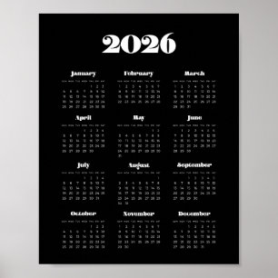 Poster Script retroativo de Vintage 2025 Calendário Preto