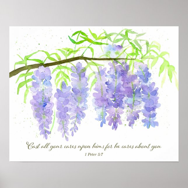 Poster Scripture 1 Peter 5:7 Bible Verse Wisteria Flowers (Frente)