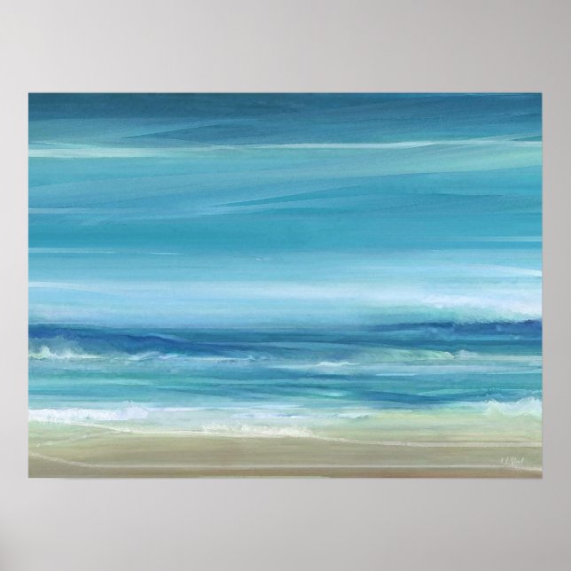 Poster Sea Blue Beach Abstrato Watercolor Ondas do Oceano (Frente)