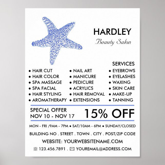Poster Sea Blue Beach Starfish, Beauticiticista, Beauty S (Frente)