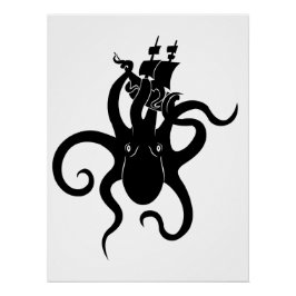 Póster Sea Monster Black and White Kraken com navio