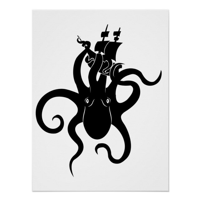 Póster Sea Monster Black and White Kraken com navio (Frente)