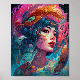 Poster Sea Serpent Hair Lady Fantasy Art