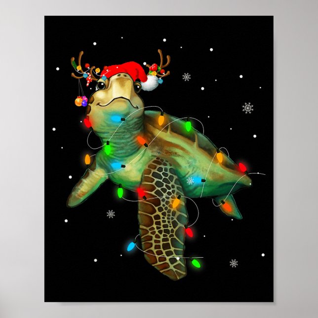 Poster Sea Turtle Christmas Lights Funny Santa Hat Merry  (Frente)