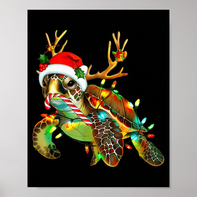 Poster Sea Turtle Christmas Lights Santa Hat Merry Christ (Frente)