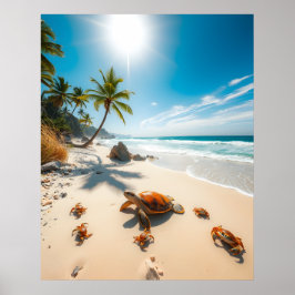 Poster Sea Turtle & Crabs on Tropical Beach – Serene Ocea