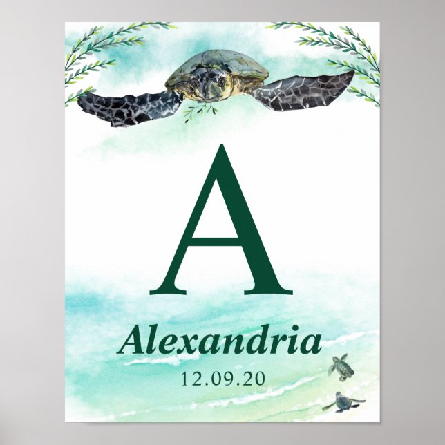 Poster Sea Turtle Monograma Nome Birthdate Nursery (Frente)