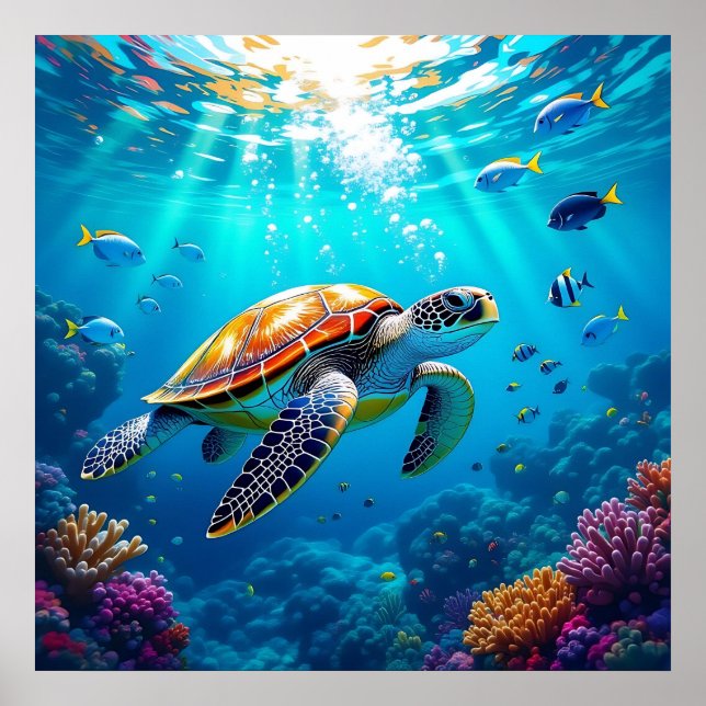 Poster Sea Turtle Vibrant Colorful Underwater Scene (Frente)