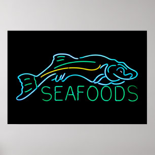 Póster Seafoods com Sinal de Neon de Peixe