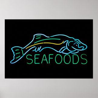 Póster Seafoods com Sinal de Neon de Peixe