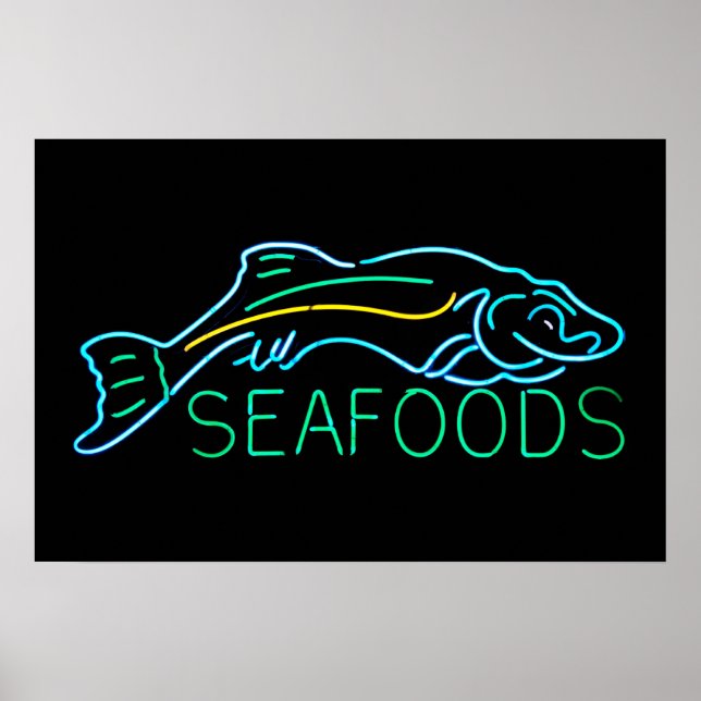 Póster Seafoods com Sinal de Neon de Peixe (Frente)