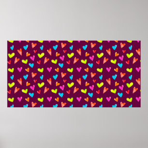Poster Seamless pattern of multicolored hearts on a purpl
