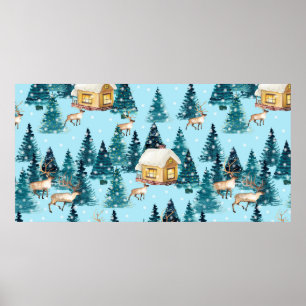 Poster Seamless pattern with winter village in the forest