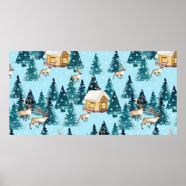 Poster Seamless pattern with winter village in the forest (Frente)