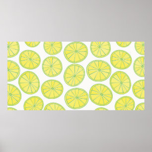Poster Seamless pattern with yellow lemon slices on white