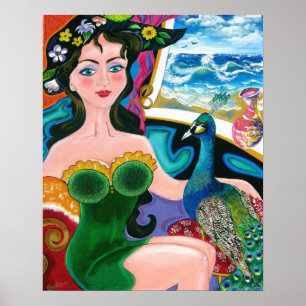 Poster Seascape com senhora & um pavão - da arte de