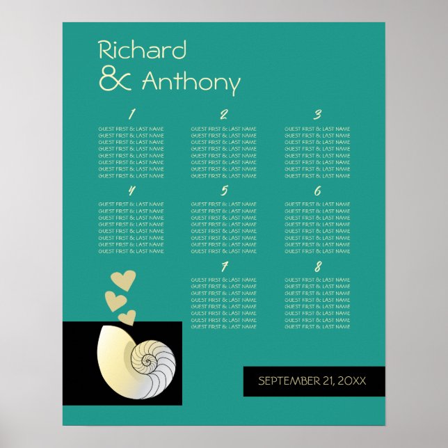Poster Seashell e Hearts, Plano de Mesa de Casamento de P (Frente)