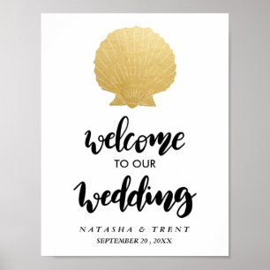 Poster Seashell Faux Gold Foil   Sinal de Casamento Oceân