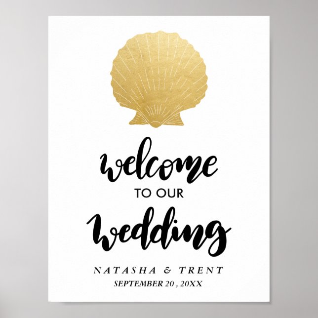 Poster Seashell Faux Gold Foil | Sinal de Casamento Oceân (Frente)
