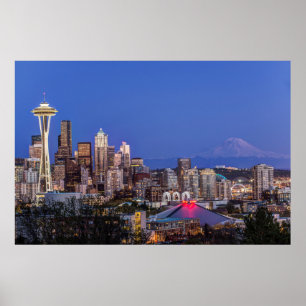 Póster Seattle, Centro e Monte Rainier em Twilight