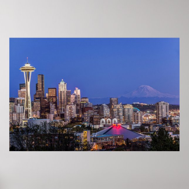 Póster Seattle, Centro e o Monte Rainier em Twilight (Frente)