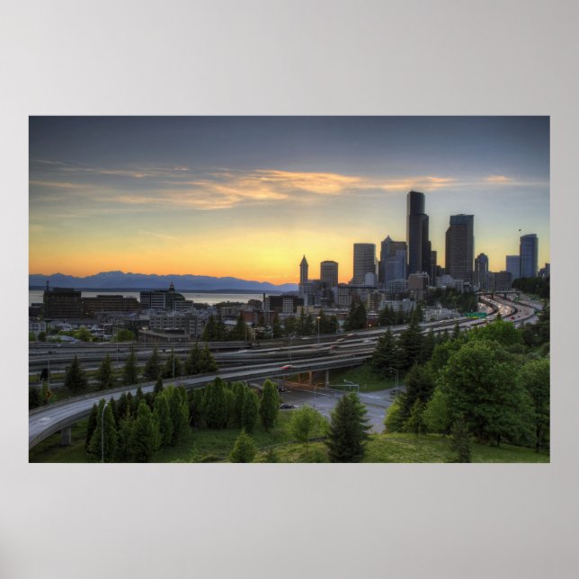 Poster Seattle Centro Skyline no Sunset (Frente)