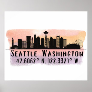 Poster Seattle City Skyline Latitude e Longitude Impressã