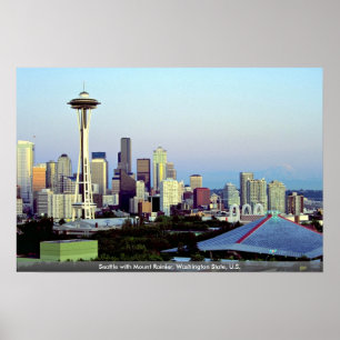 Póster Seattle com o Monte Rainier, estado de Washington,