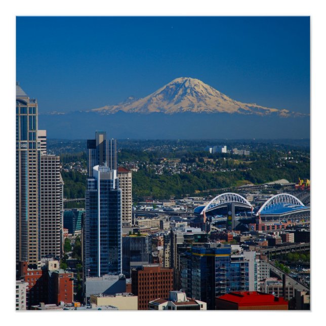 Póster Seattle com o Monte Rainier Fotografia Poster (Frente)