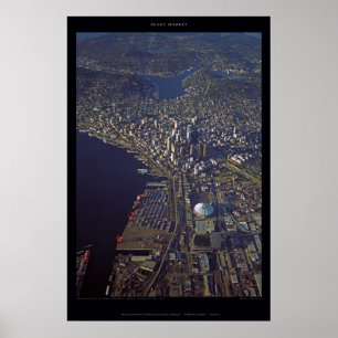 Póster Seattle do centro no por do sol com Kingdome, 1999