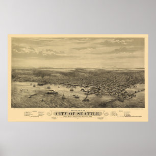 Póster Seattle, mapa panorâmico de WA - 1878