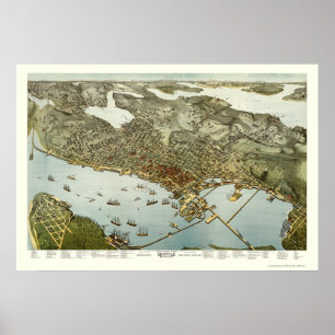 Póster Seattle, mapa panorâmico de WA - 1891