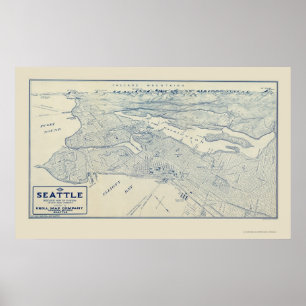 Póster Seattle, mapa panorâmico de WA - 1925