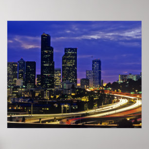 Póster Seattle, no horizonte de Washington à noite